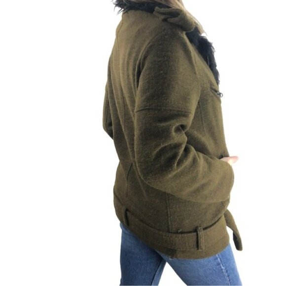 H&M Women Sz S Wool Blend Faux Fur Moto Jacket Olive Casual Fall Coat Aviator - Picture 3 of 13